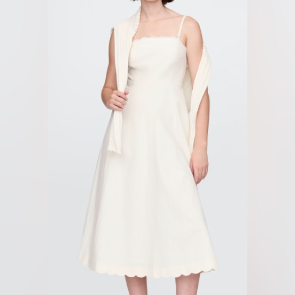 GAP NWOT Linen-Blend Scalloped Midi Dress, New Off White, Women’s Size Large